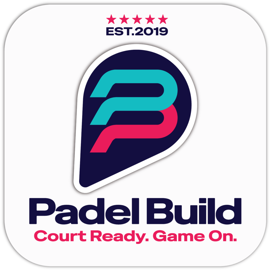 Padel Build logo on a white rounded-square background, with a stylized P in teal and pink, five stars, EST.2019, and the slogan Court Ready. Game On.