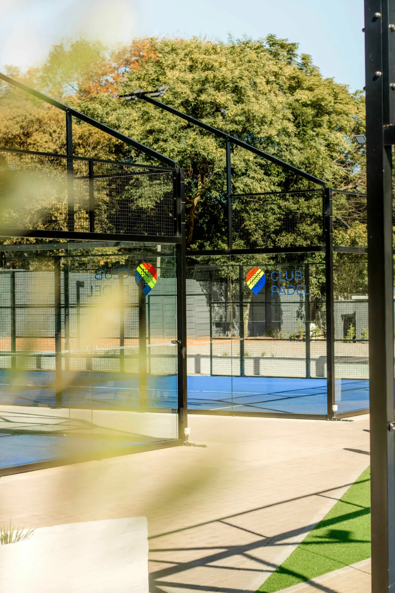 Padel courts with black fencing and colorful club logos in a well-maintained outdoor setting.