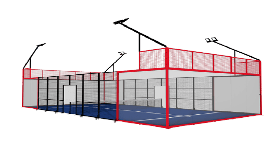 Red and black padel court structure with a blue playing surface and overhead lights.