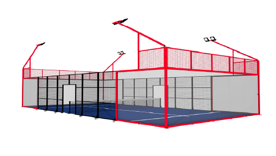 A red paddle tennis court structure with a blue playing surface and surrounding fencing.