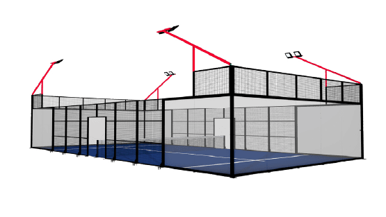 Illustration of an outdoor padel tennis court with a black and red structure and blue playing surface.