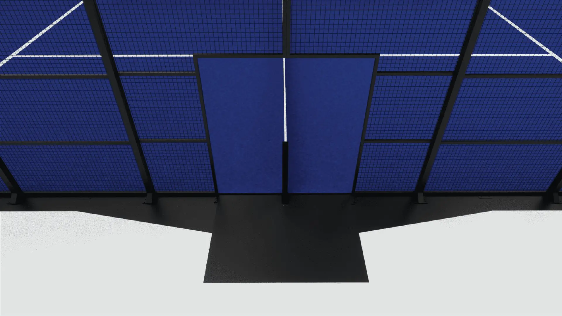 Top view of a padel court entrance with blue walls and black flooring.