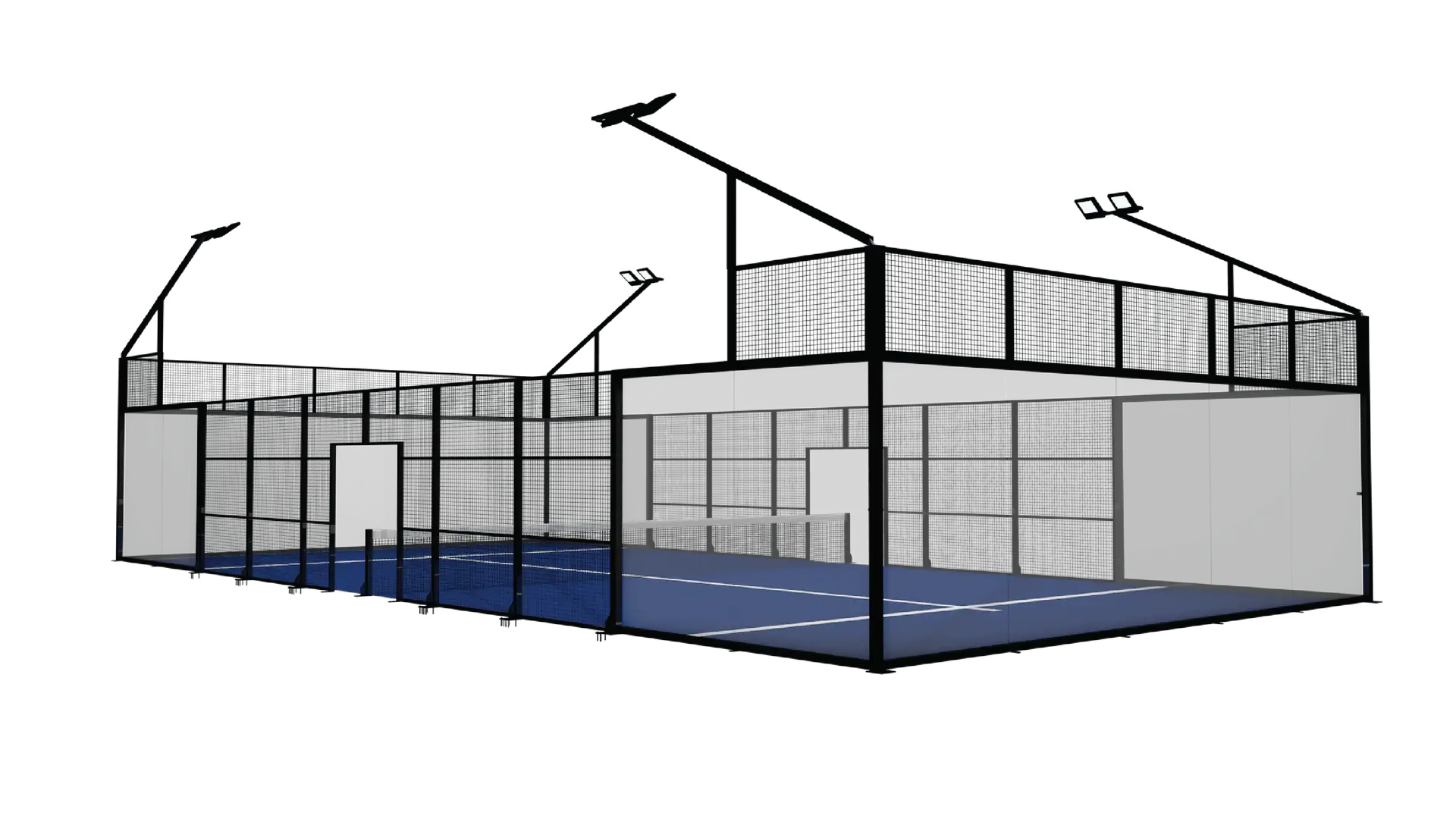 3D rendering of an indoor paddle tennis court with blue flooring and surrounding walls.