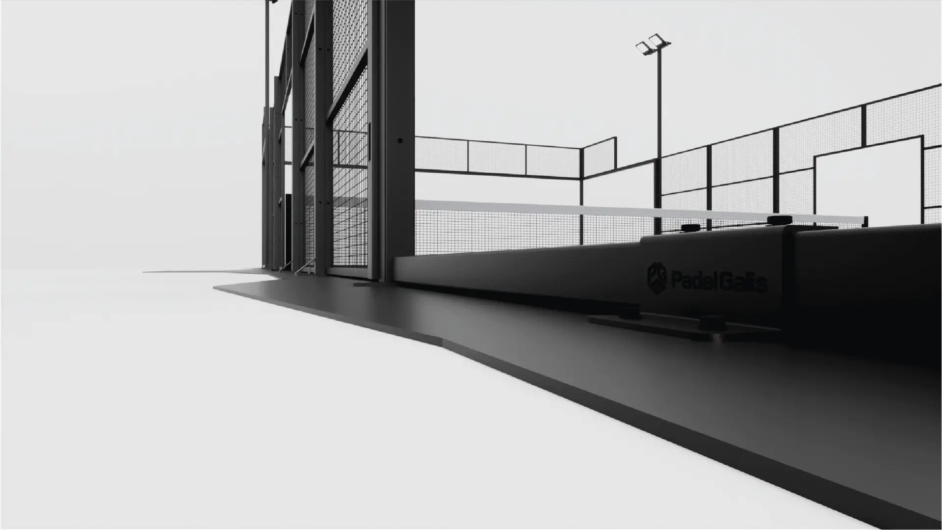 Close-up view of a padel court with a focus on the court surface and netting structure.