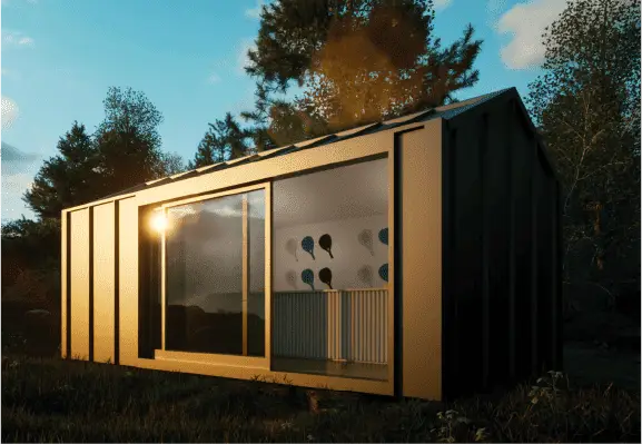 A modern prefabricated cabin with large windows and a minimalist design in a natural setting.