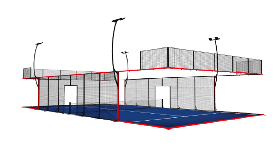 A tennis court featuring a blue surface and surrounding structures with red outlines.