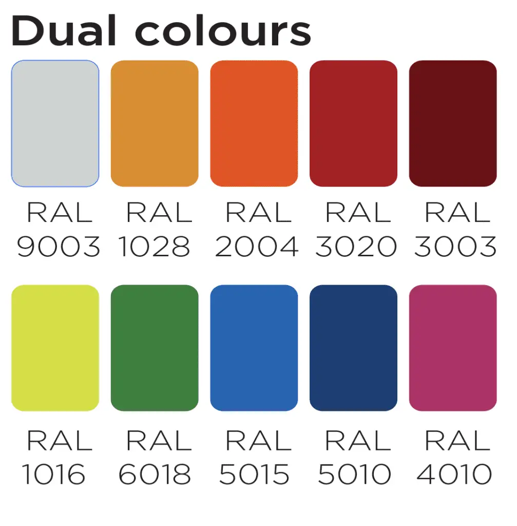 Color chart displaying various RAL color samples with dual color options.