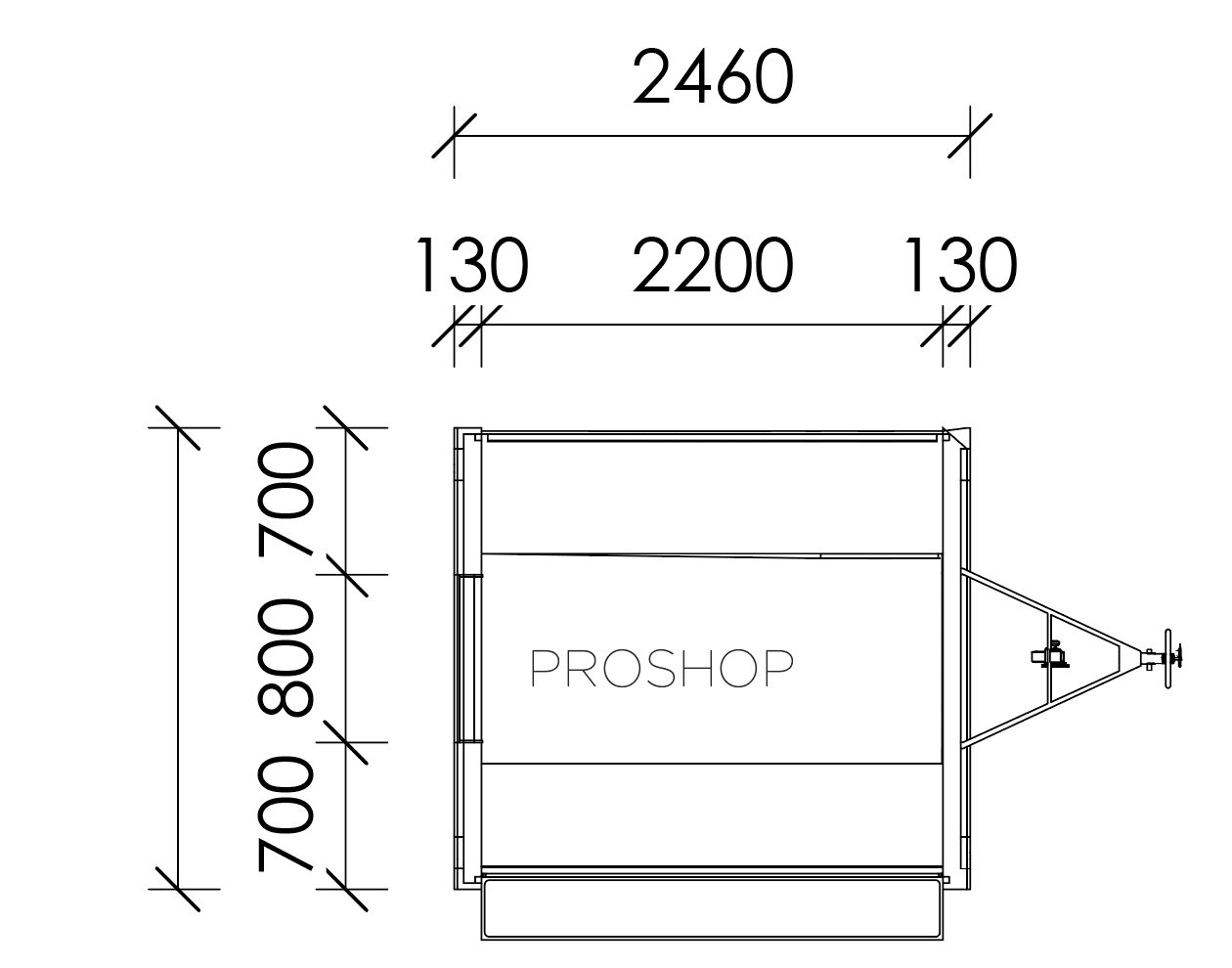 Technical drawing showing dimensions and layout of a Proshop structure with labeled measurements.