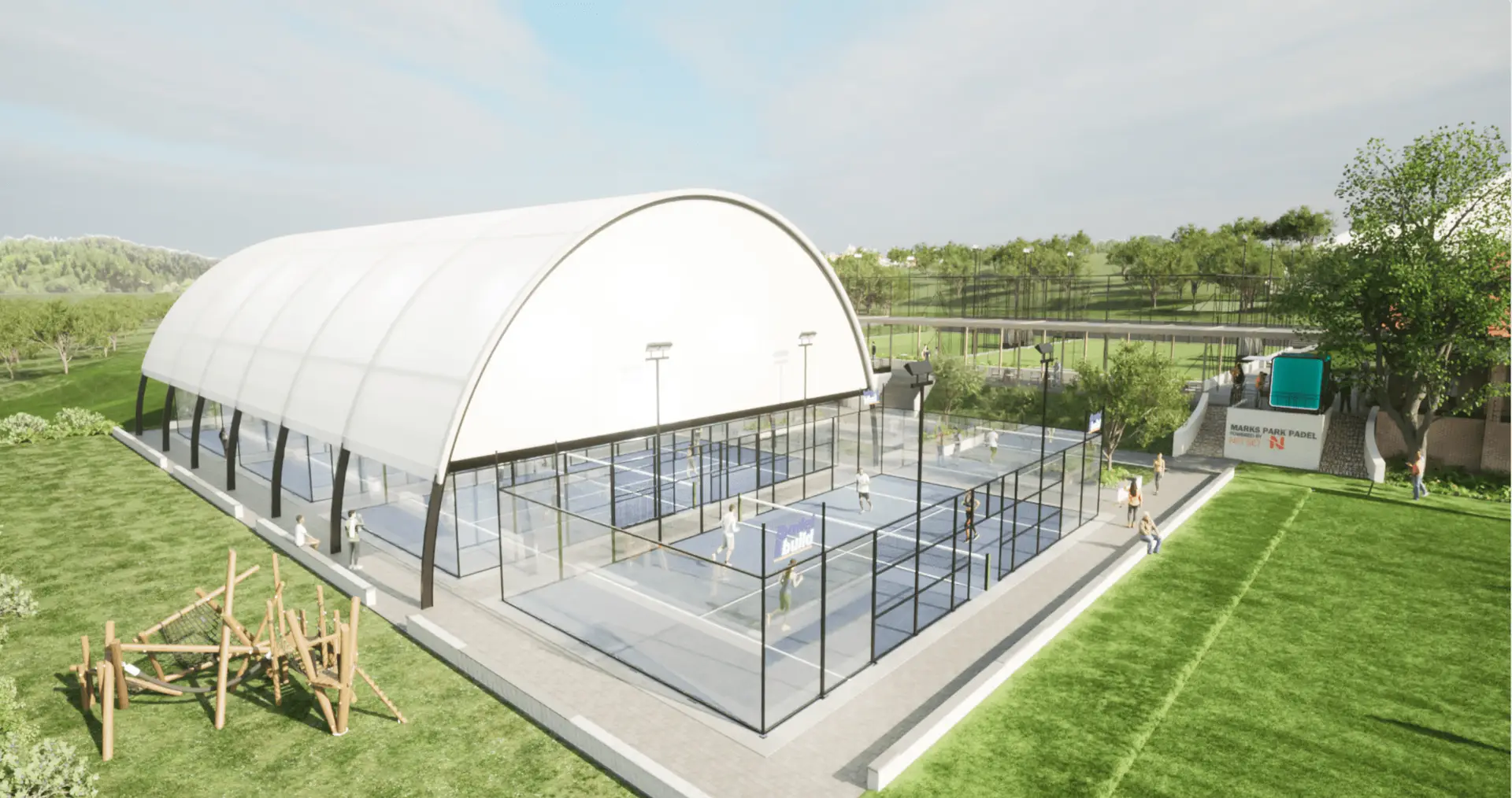 A modern sports facility featuring multiple padel courts, surrounded by green spaces and a large dome structure.