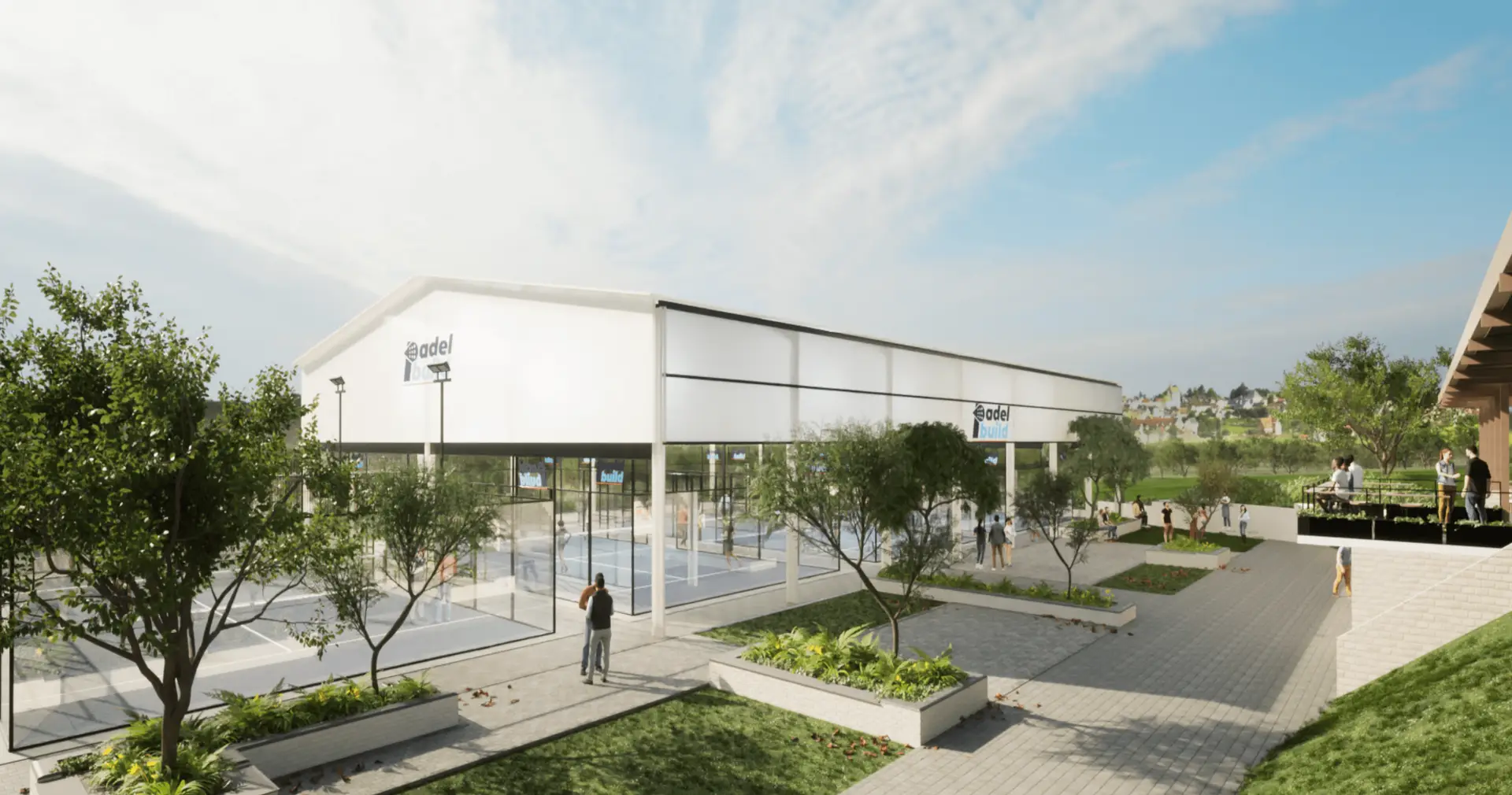 Architectural rendering of a modern sports facility with outdoor courts and landscaped areas.