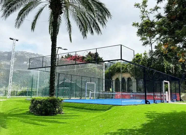 Outdoor padel court surrounded by greenery and palm trees with blue playing surface